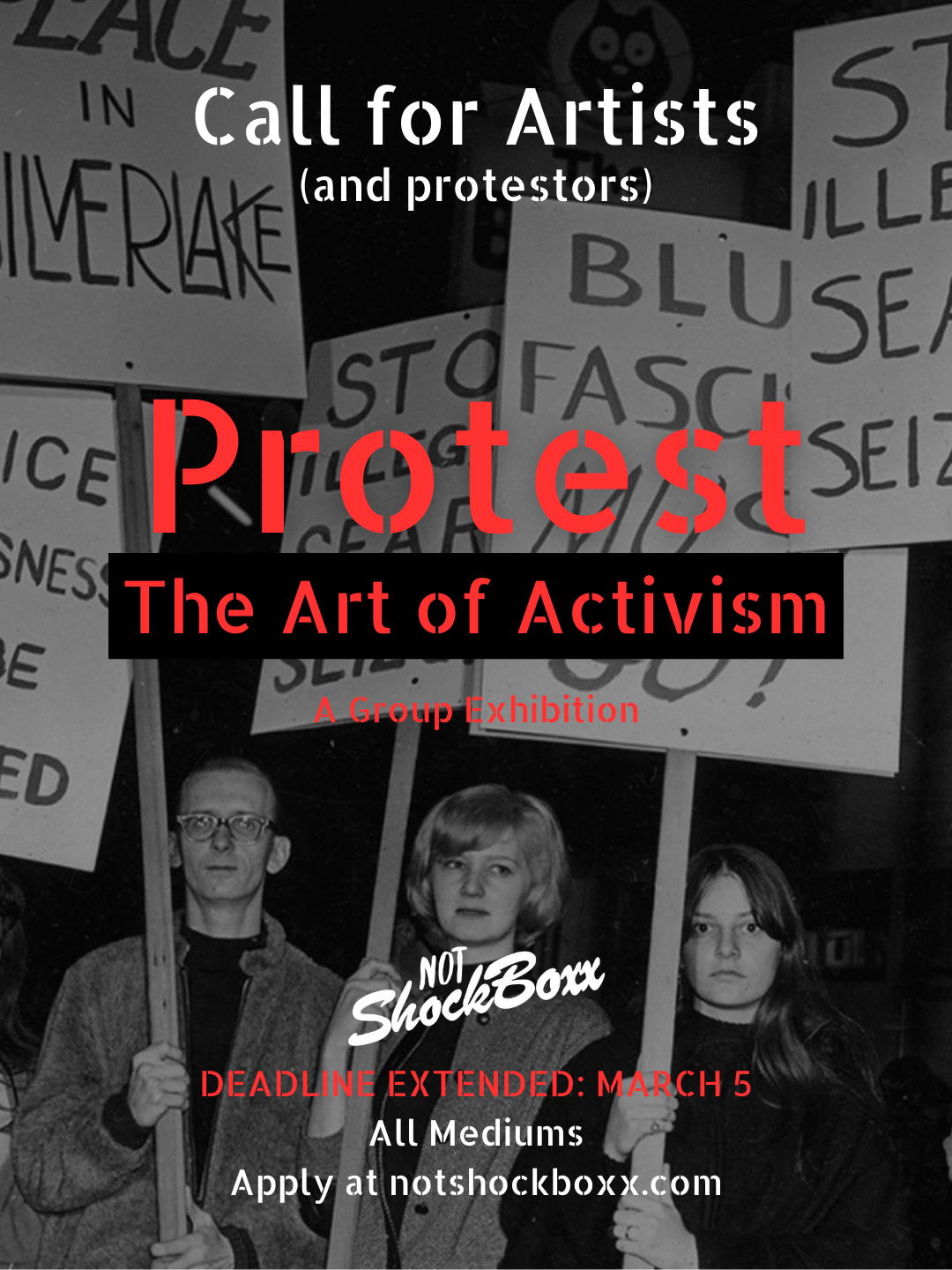 Black and white photo of a man and who women holding protest signs from the 1960's. Big red text on top that says PROTEST.