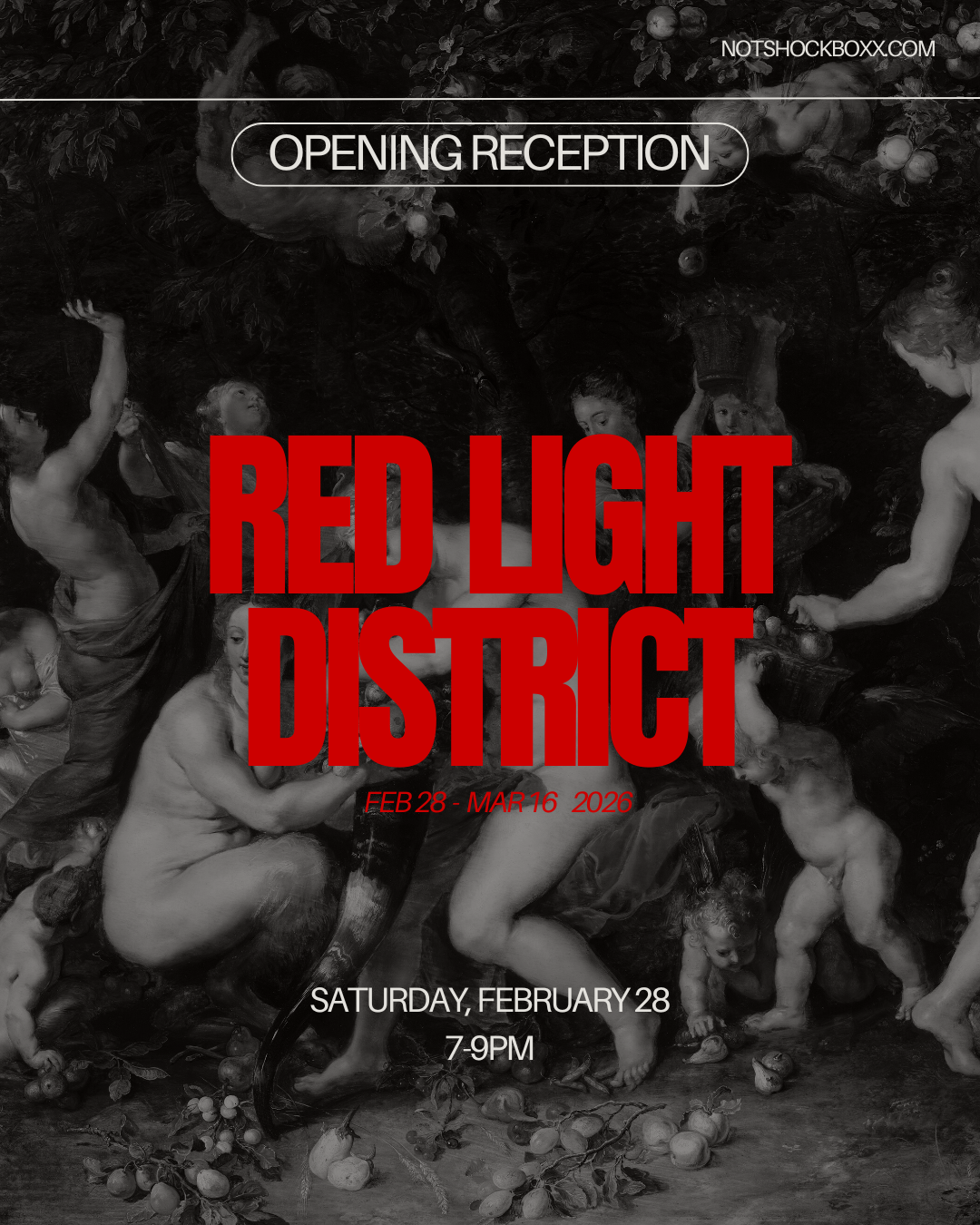 This is an image advertisement with black and white naked bodies in the background and the text RED LIGHT DISTRICT on top in red.