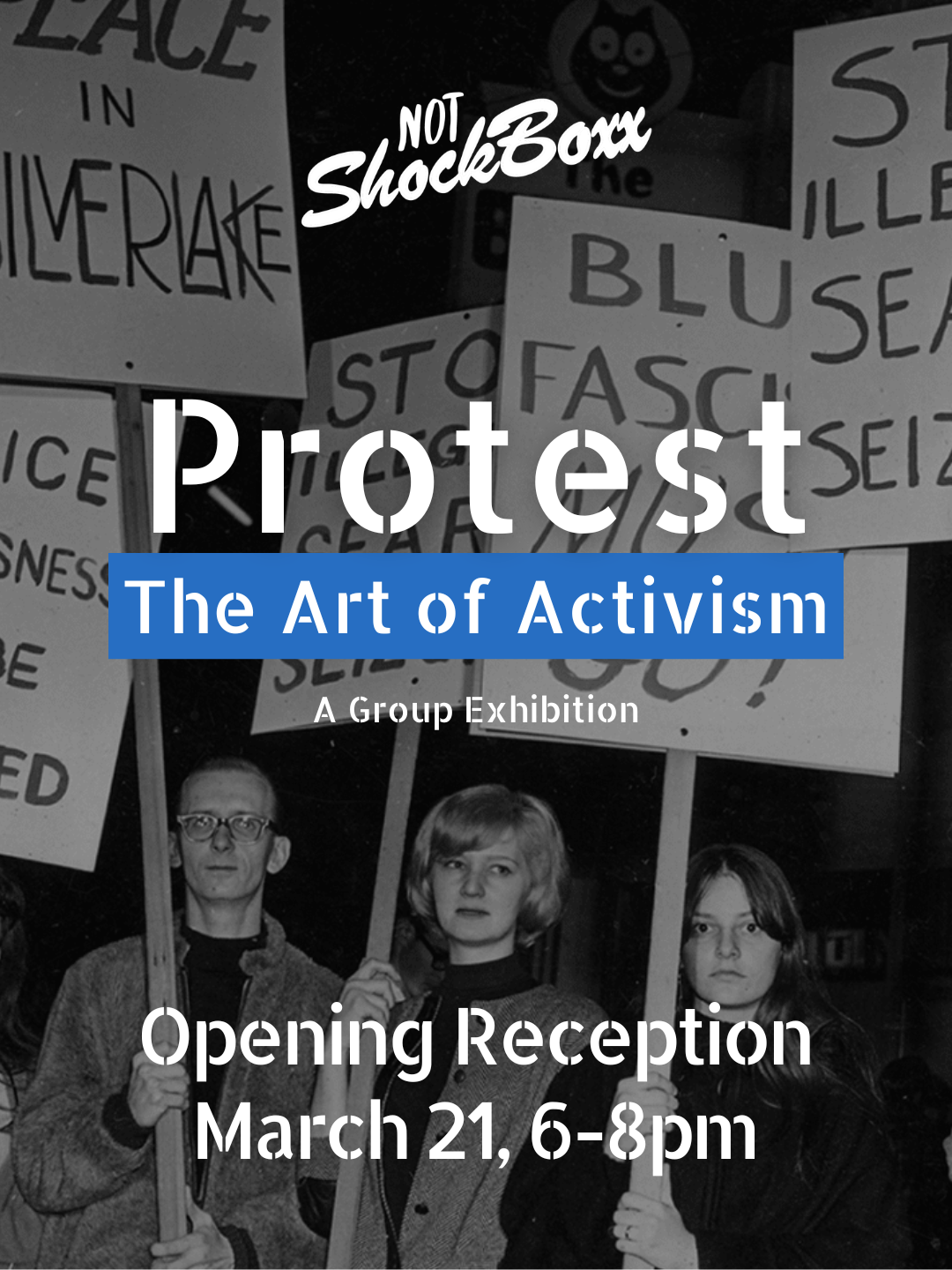 Protestors from the 1960s holding signs with PROTEST on top of them