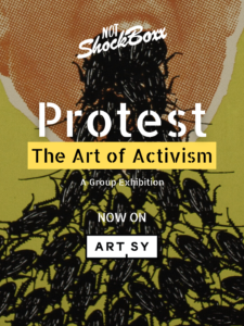 Announcement image of this show on Artsy. Featured a Donald Trump image throwing up cockroaches.