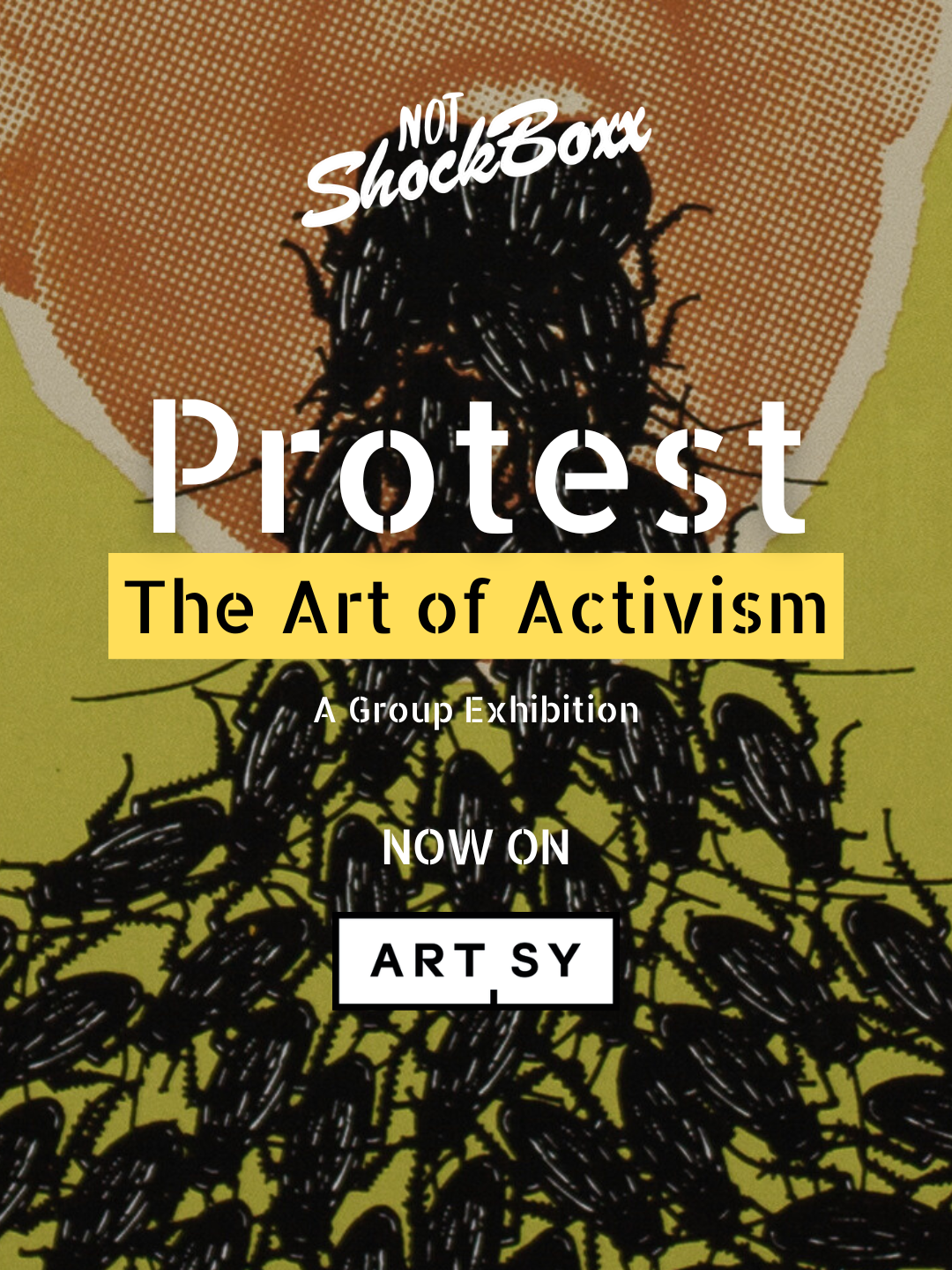 Announcement image of this show on Artsy. Featured a Donald Trump image throwing up cockroaches.