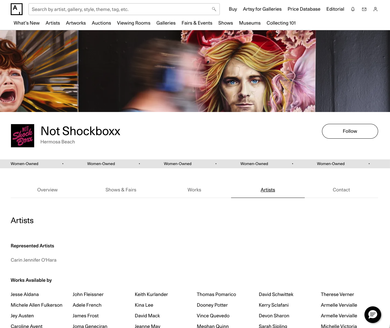 Screenshot of Artsy profile page showing Not Shockboxx artists