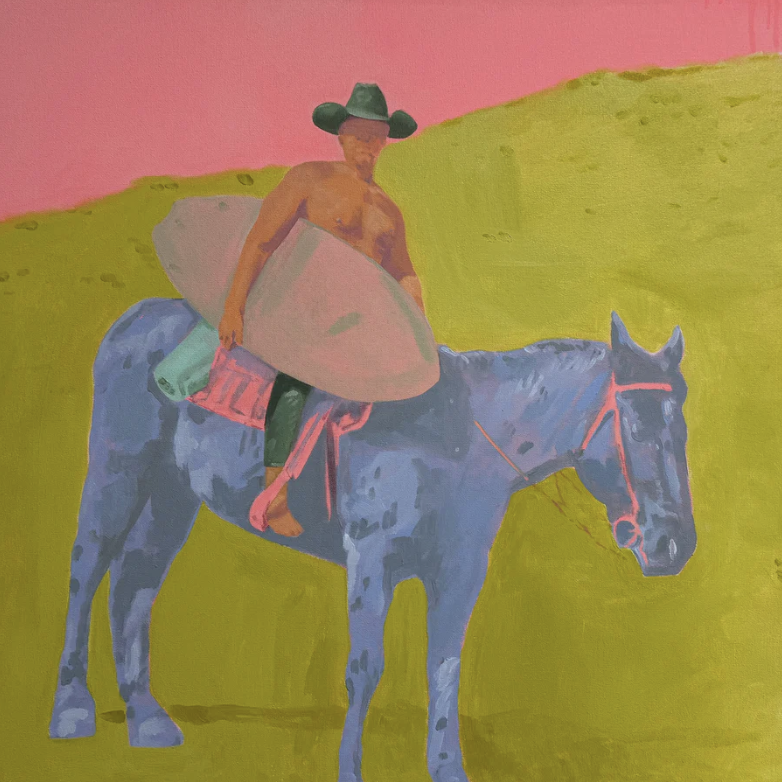 Painting of a surfing man on a horse with a neon painted background.