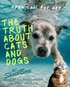 Dog swimming under water with text on top promoting open call
